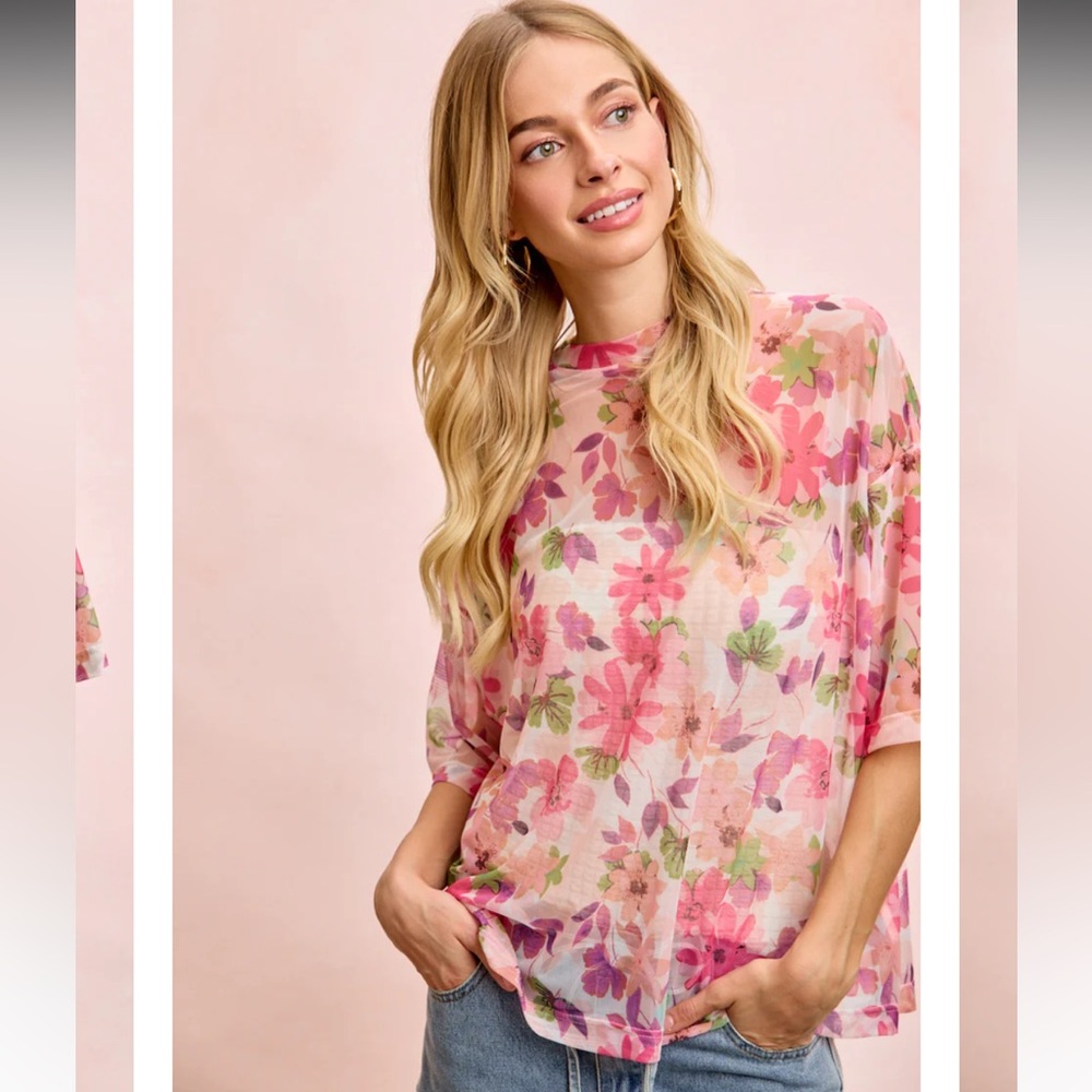 495. Floral bright pink boxy sheer short sleeved top